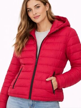 Project Raw ($120) Red Puffer Jacket Hooded Zip Up Lightweight Winter Coat